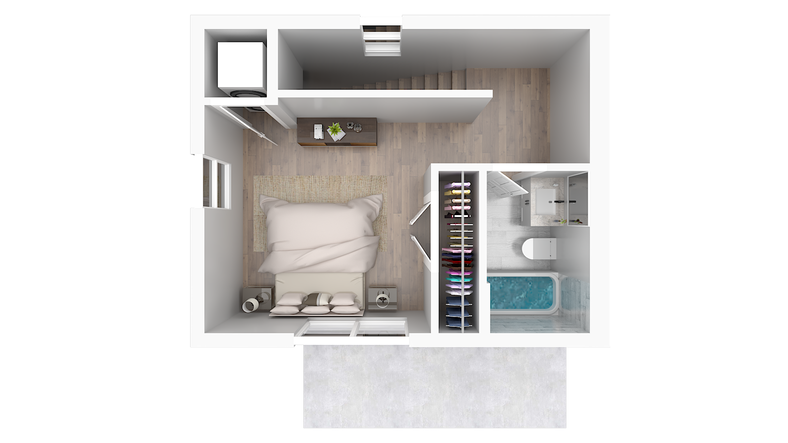 Top-down view of a bedroom with a large bed, nightstands, a dresser, a closet with clothes, a bathroom with a small pool, and a hallway.