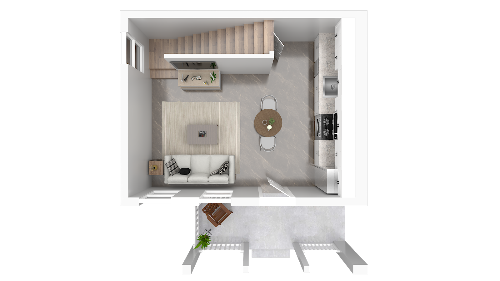 Top-down view of a small open-concept living room and kitchen with a white sofa, a round dining table with two chairs, a kitchen with a stove and sink, and a front porch with a chair and potted plant.