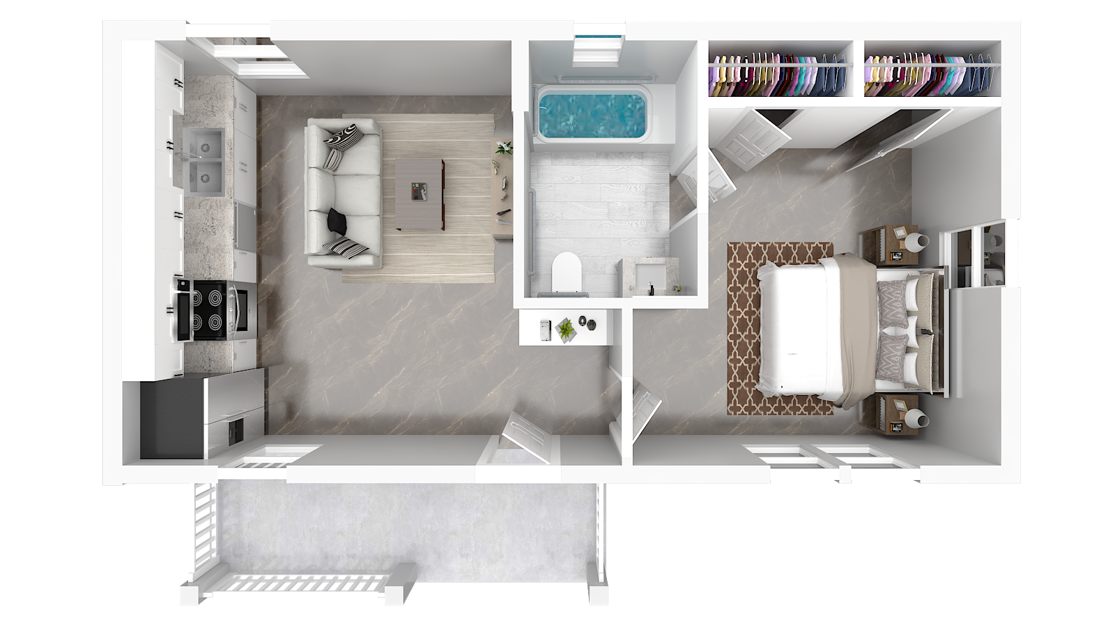 A top-down view of a small apartment with a combined living room and kitchen on the left, a bathroom in the middle, and a bedroom on the right. The living room has a white sofa, a coffee table, and a TV. The kitchen has white cabinets, a sink, and an electric stove. The bathroom has a bathtub and toilet. The bedroom has a bed, nightstands, lamps, and a closet with hanging clothes.