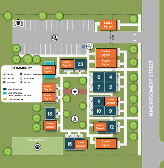 The map shows a community layout with parking, buildings, and amenities. It highlights leased spaces, a community area, and a upcoming pet area, with various labeled units and designated spots for different activities. Crosstown Concourse
