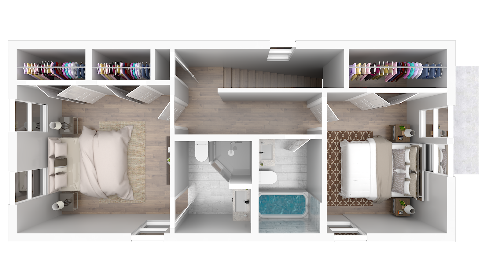 Top-down view of a house floor plan with two bedrooms, two bathrooms, a walk-in closet, and a central hallway.