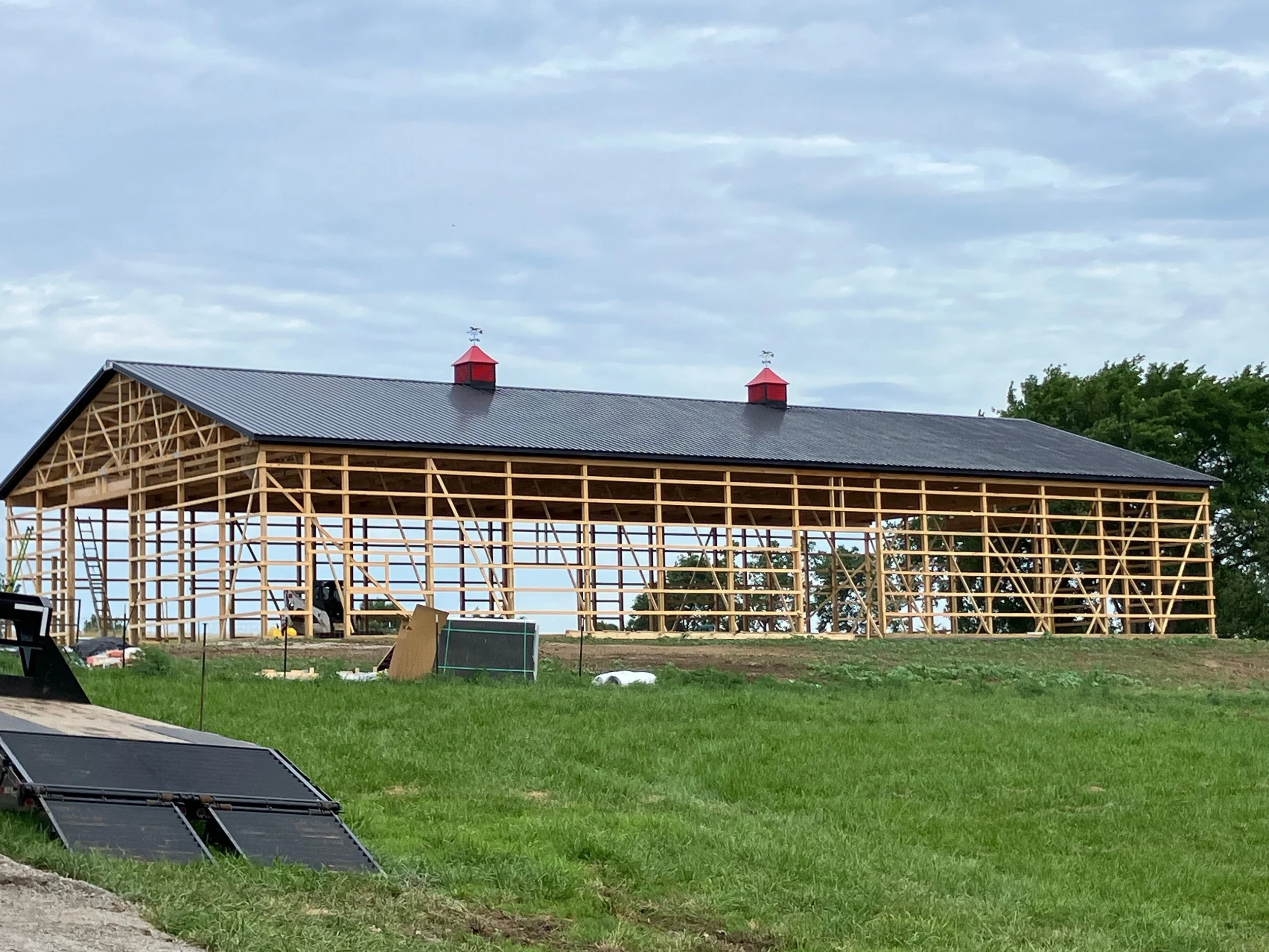 Wooden frame of a barn under construction in a grassy field, with a black roof and two red cupolas on top.