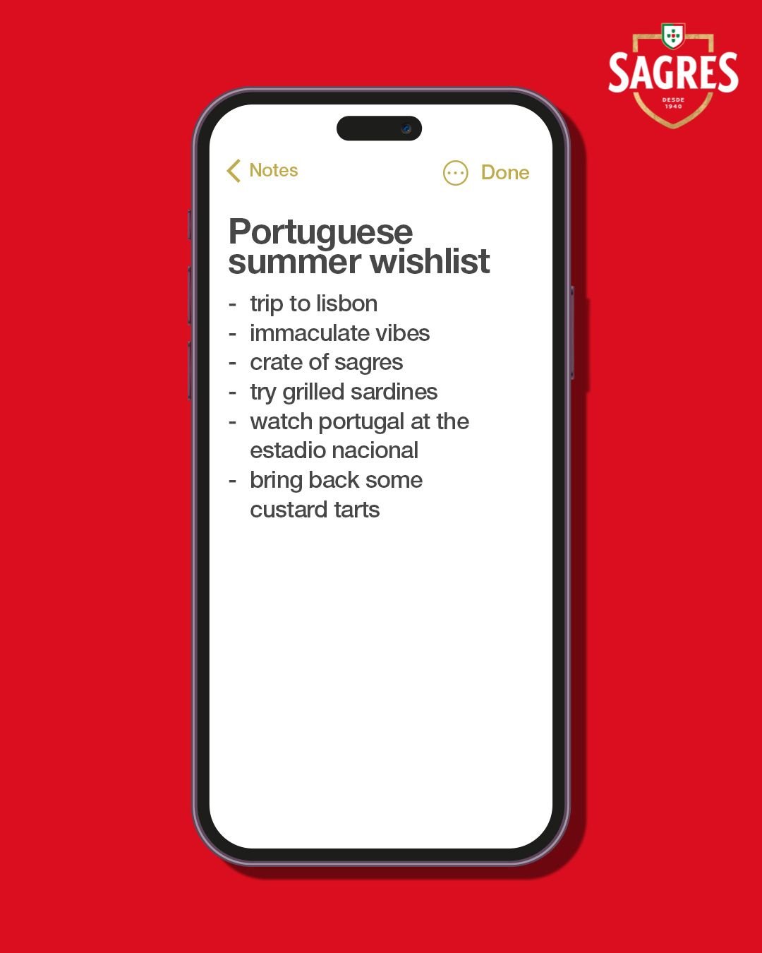 Cold outside? Close your eyes. Picture Portugal.
Now add a Sagres. 🍺🇵🇹

Here's our perfect summer list! What's on yours? 

#Sagres #PortugueseBeer #SagresUK #TheSpiritOfPortugal.