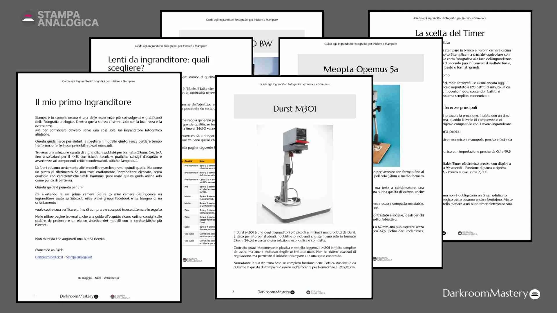 Guida agli ingranditori fotografici per la stampa analogica, diversi articoli e descrizioni di ingranditori, inclusi temi come il primo ingranditore, scelta delle lenti e timer, e modelli specifici come Durst M301 e Meopta Opemus 5a.