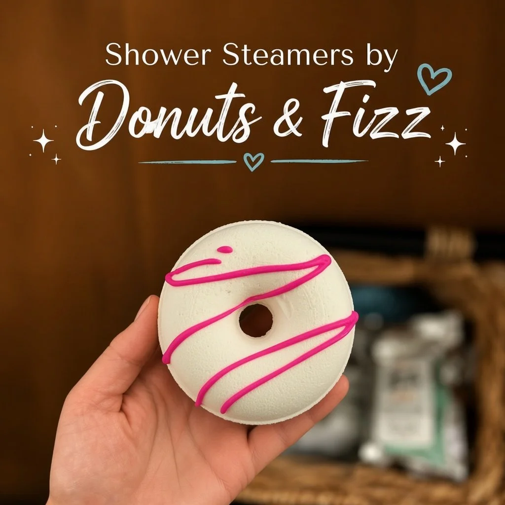 A hand holding a shower bathroom bomb in the style of a white stucco donut with pink icing drizzle. The background has text that reads "Shower Steamers by Donuts & Fizz" with decorative hearts and stars.