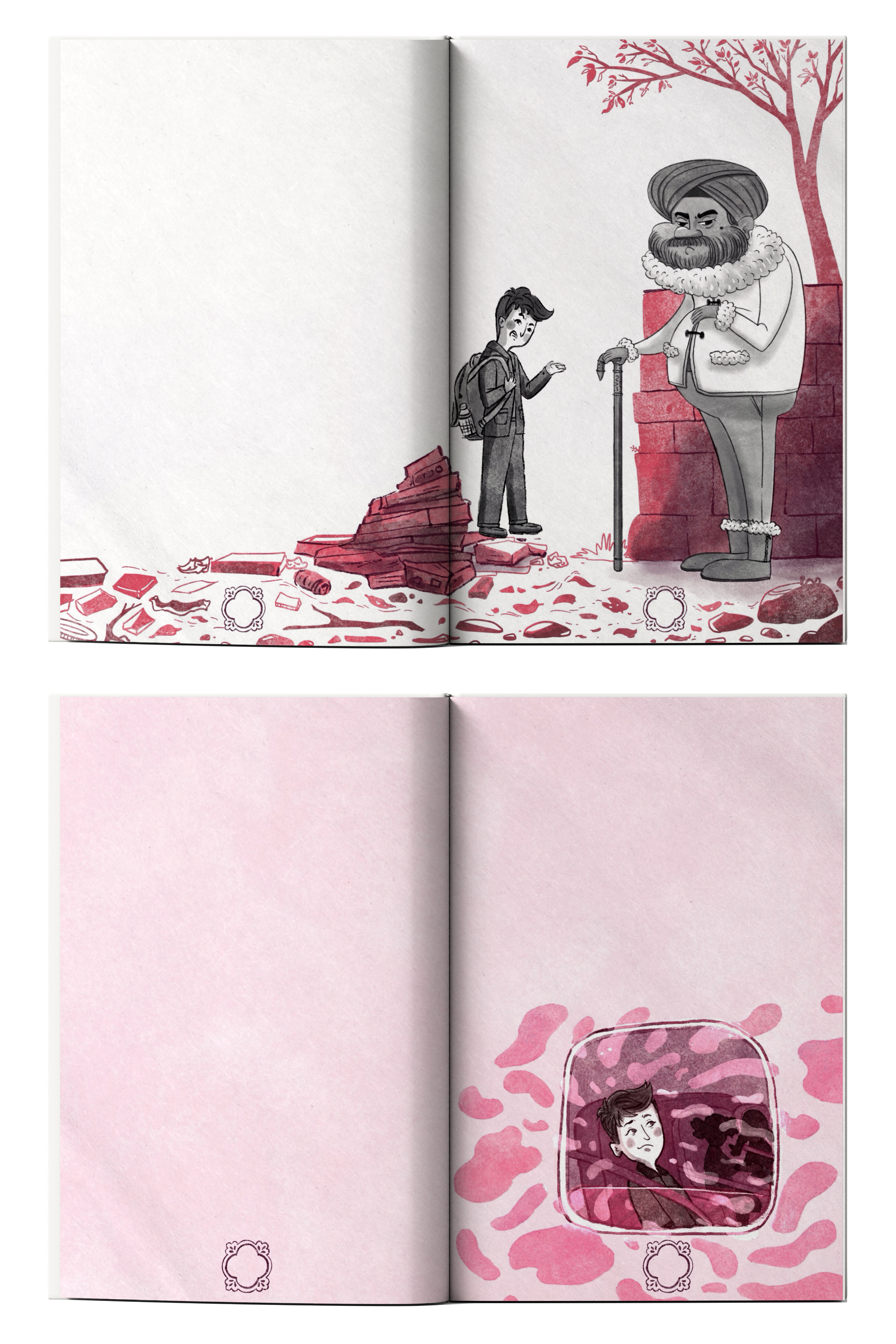 A young boy with a backpack talking to a man with a large beard, wearing a turban and traditional clothing, standing behind a damaged brick wall. The environment appears to be an outdoor setting with fallen debris and a tree with leaves in the backgr