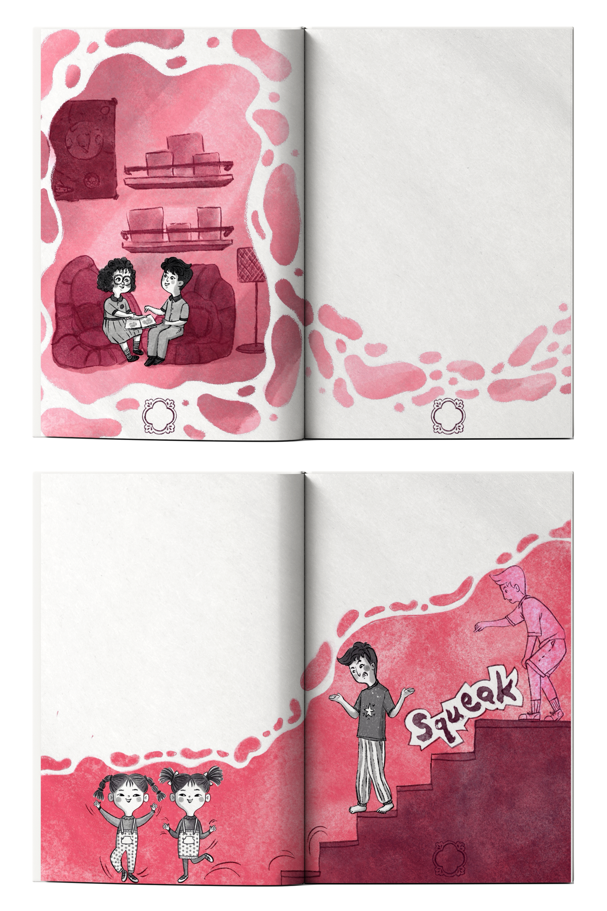 Two children whispering secret to each other, two girls dancing and jumping, with a boy on stairs saying "squeak" in the background.