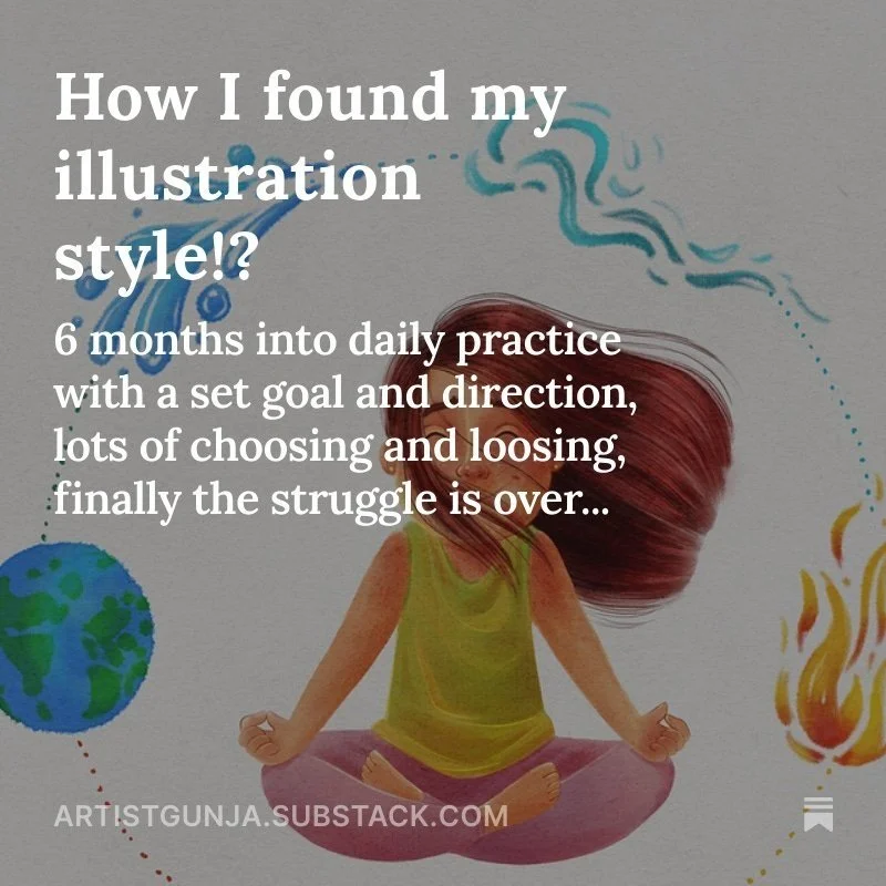 Text overlay on an artistic illustration of a girl meditating with colorful doodles of the earth, flames, and swirling patterns in the background. The text reads: "How I found my illustration style!? 6 months into daily practice with a set goal and d