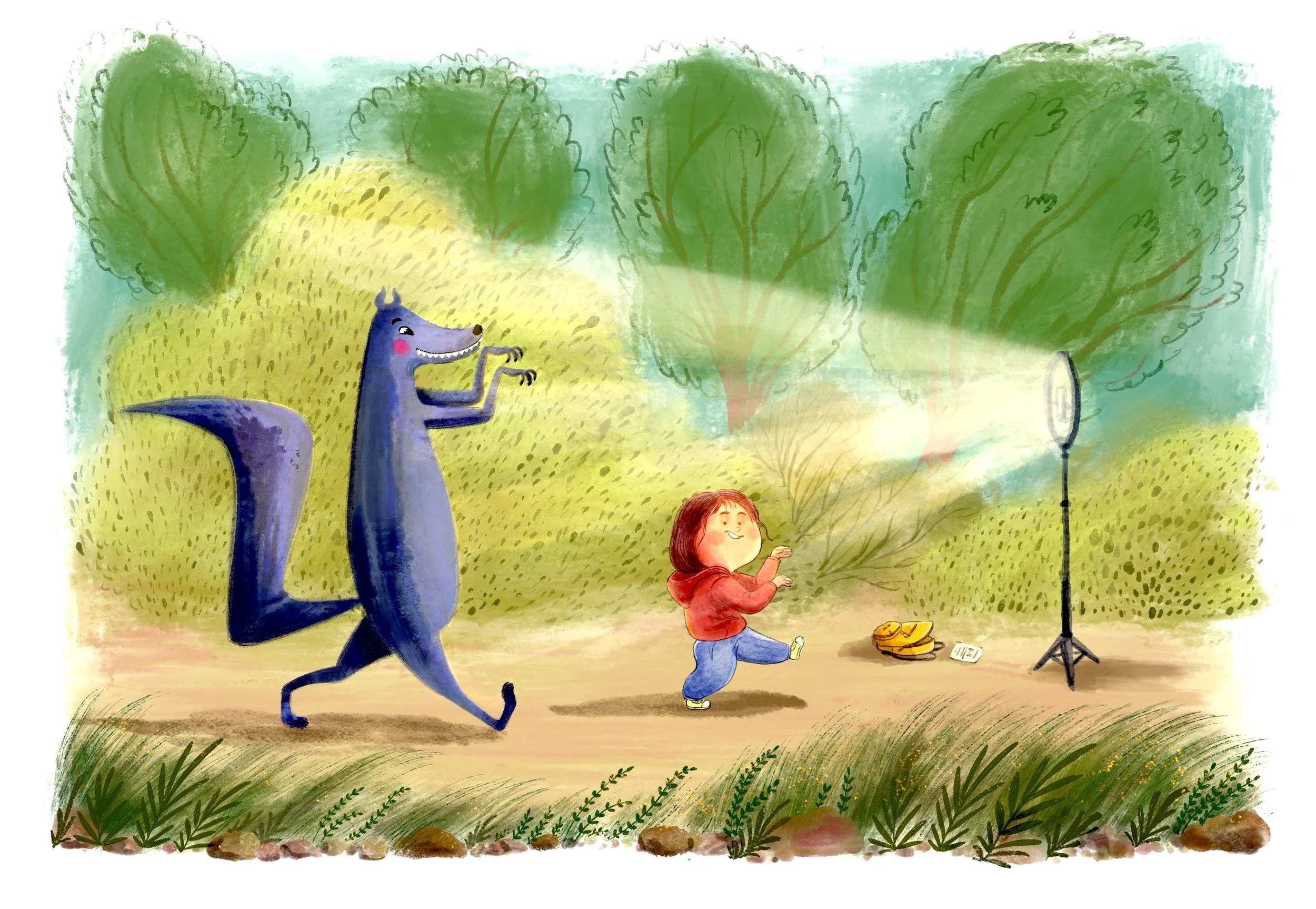 Red Riding Hood illustration with contemporary story twist 'No more little!' The happy wolf is dancing with the little girl and they're live streaming video. A watercolour illustration.