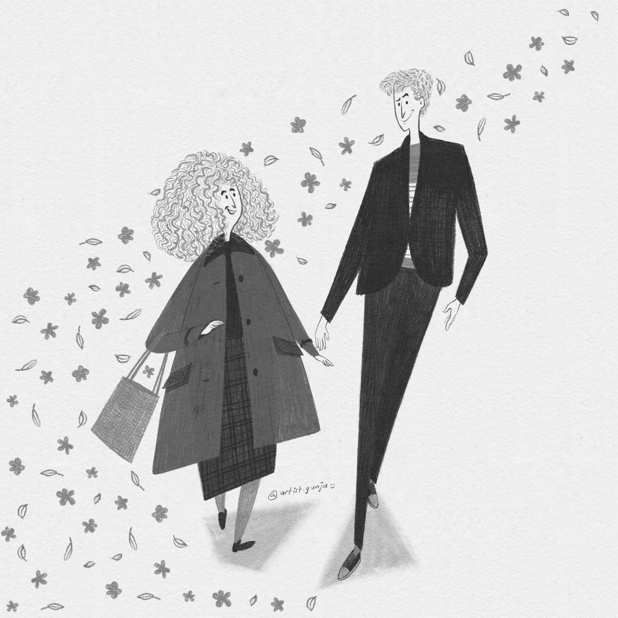 A black and white illustration of a woman with curly hair and a man walking together, holding hands, surrounded by falling flowers and leaves.