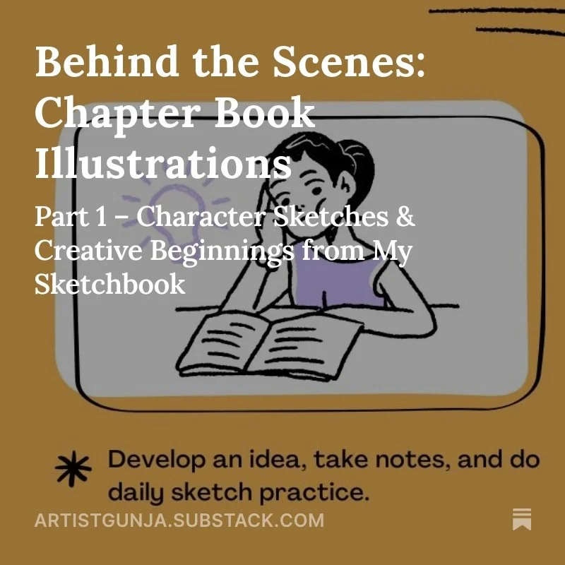 Cover page of a sketchbook titled "Behind the Scenes: Chapter Book Illustrations," featuring a cartoon illustration of a girl studying with an open book, and a note about developing ideas and practicing daily sketches.