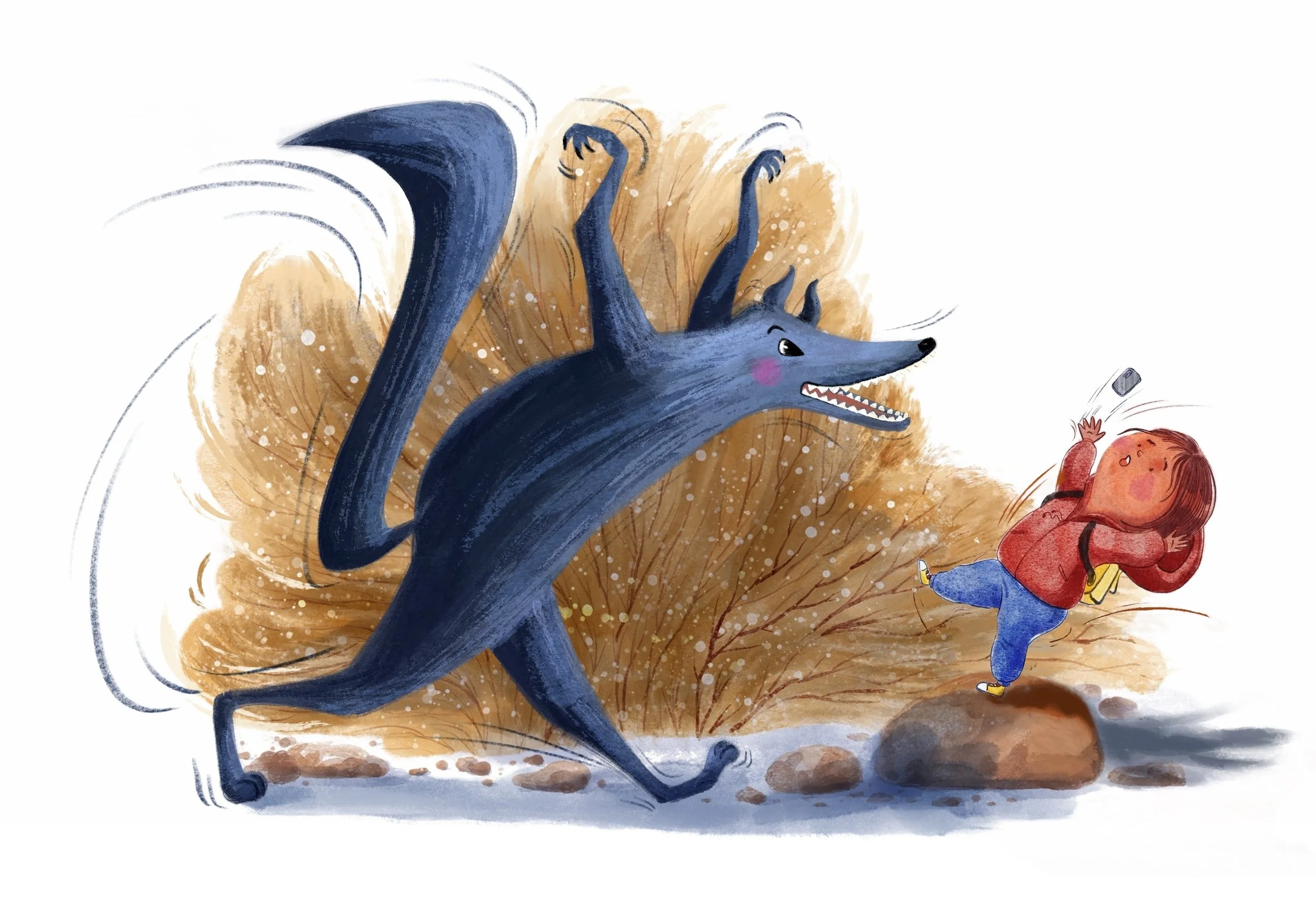 Red Riding Hood illustration with contemporary story twist 'No more little!' A happy wolf is jumping out the bush and the girl has lost the balance, about to fall. A watercolour illustration.