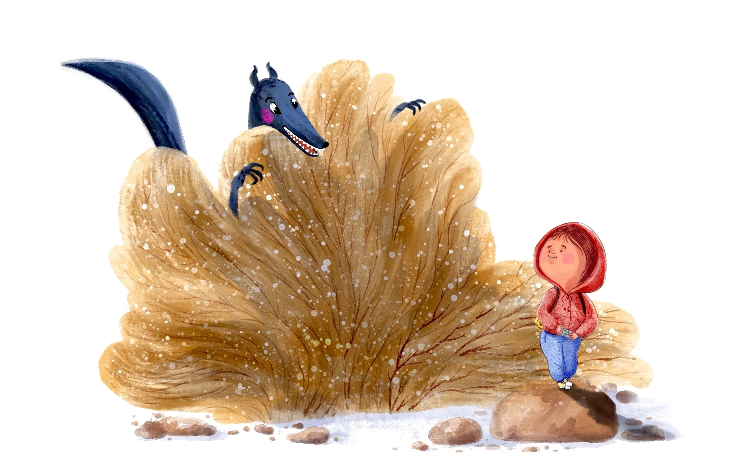 Red Riding Hood illustration with contemporary story twist 'No more little!' A happy wolf is sneaking on the girl from behind the bush. A watercolour illustration.