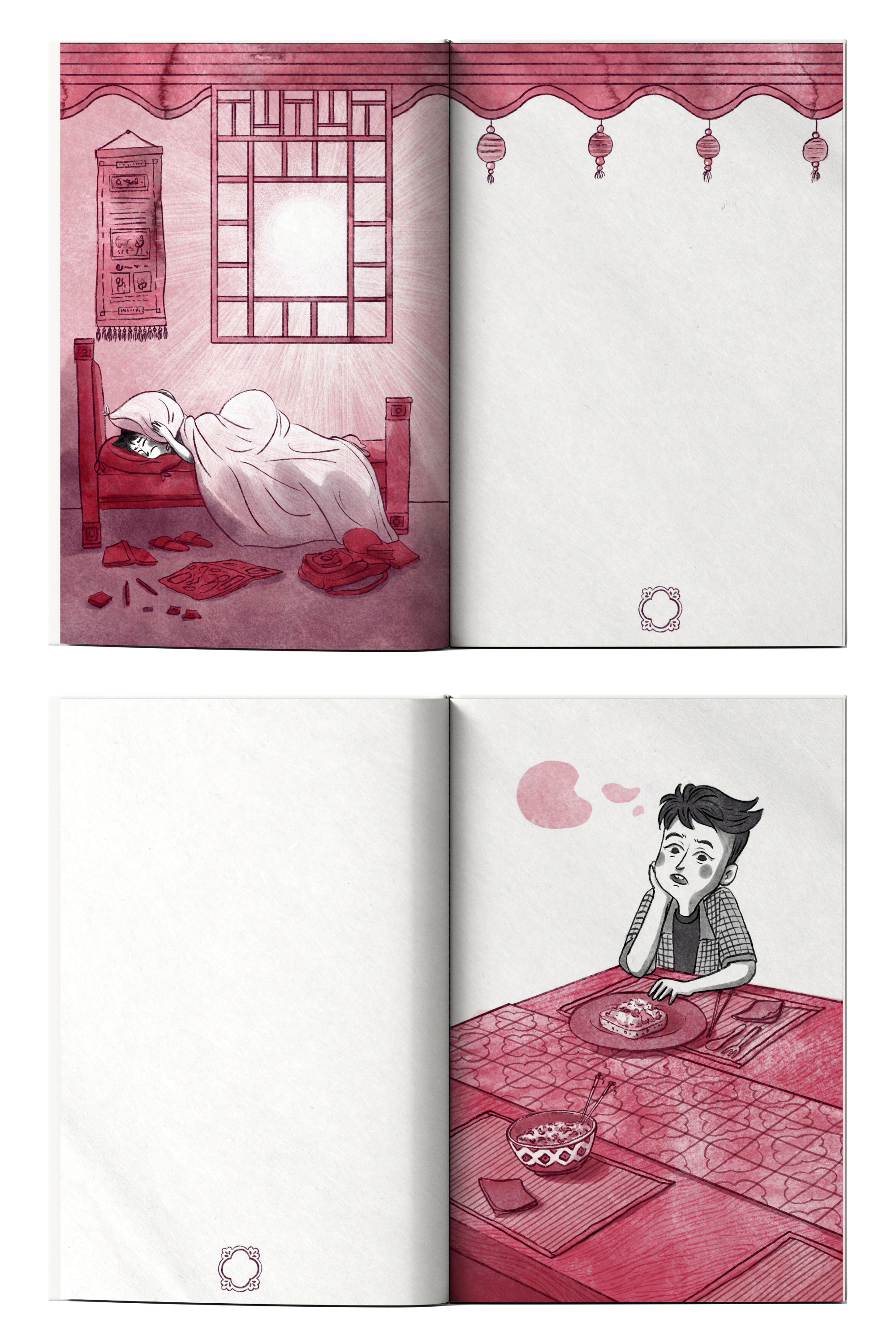 Illustration of a bedroom with a girl sleeping under a blanket on a bed on the left side, with a window and wall hanging behind her. The room is decorated with lanterns hanging from the ceiling. On the right side, there is an empty page with a small 