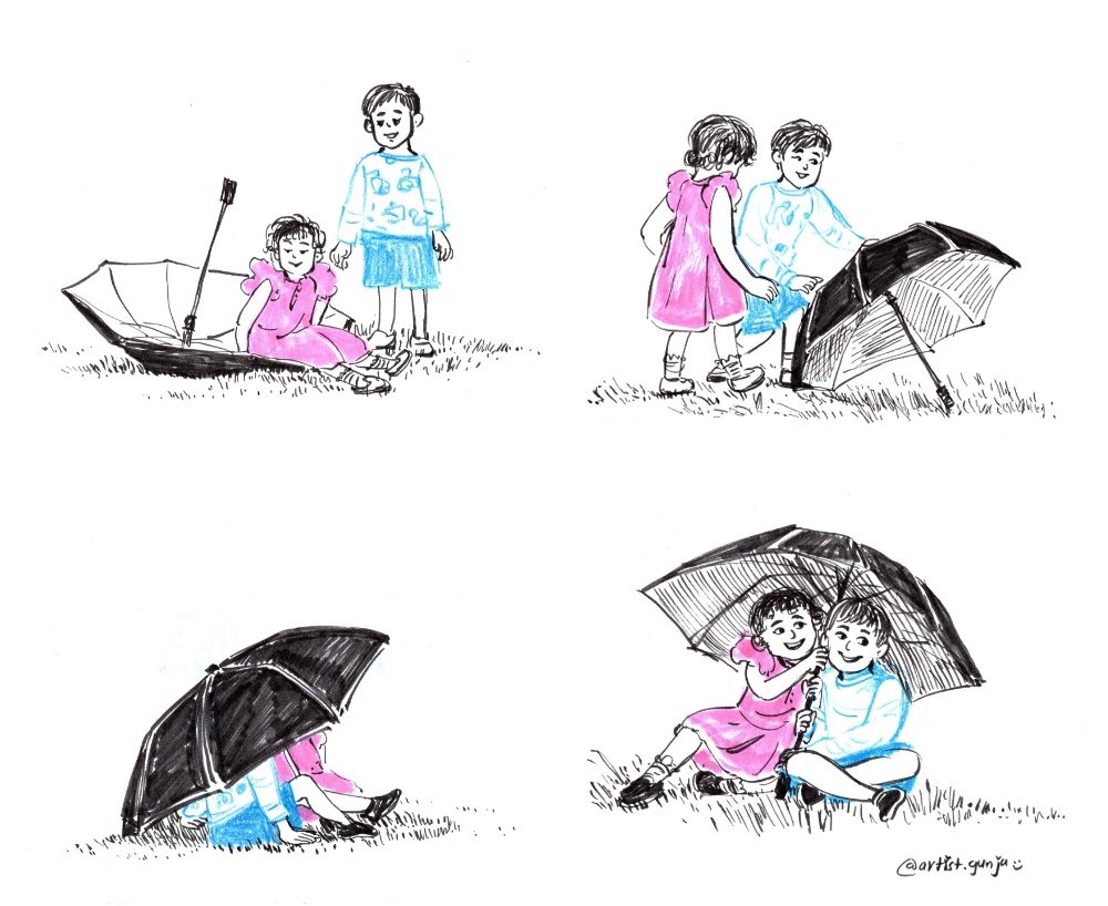 Two children playing with an umbrella. Limited pallet Ink Pen illustration for Children Book. Narrative Picture Book Illustration. 