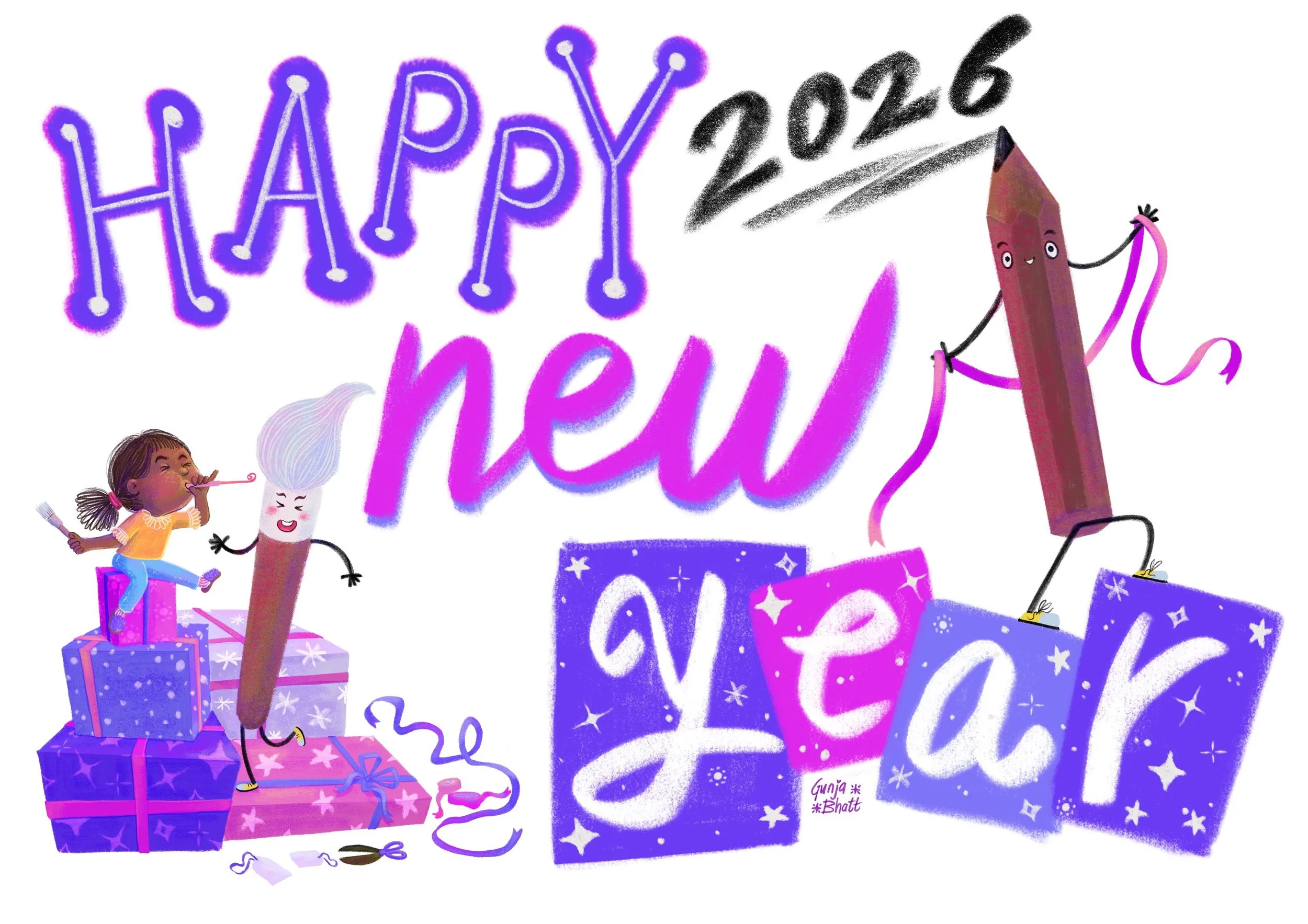 Happy New Year 2026, Happy little artist, happy artist tools, happy brush, happy pencil