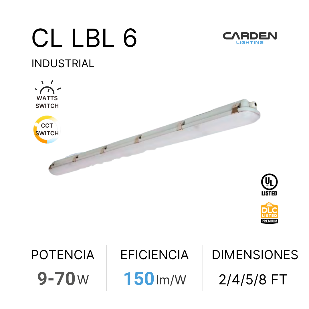 Lámpara industrial de luz LED blanca larga con descripción de potencia de 9-70W, eficiencia de 150 lúmenes por vatio, y dimensiones de 2, 4, 5, y 8 pies, con logotipos de certificación UL y DLC, y marcas Carden Lighting.
