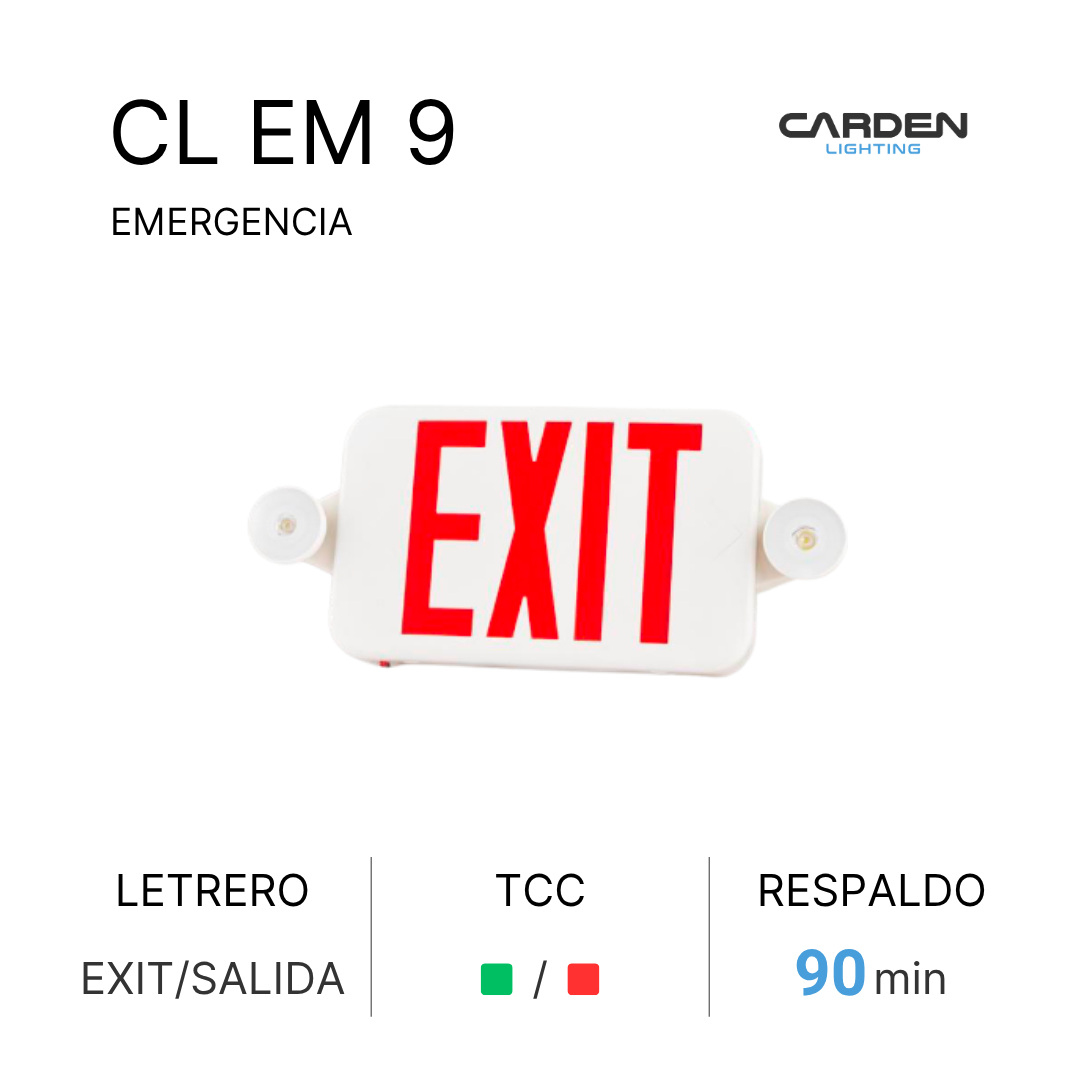 Señal de emergencia de salida con la palabra 'EXIT' en letras rojas grandes en un fondo blanco, con marcas de botón en los lados, y texto adicional que indica respaldo de 90 minutos y que es para emergencias.