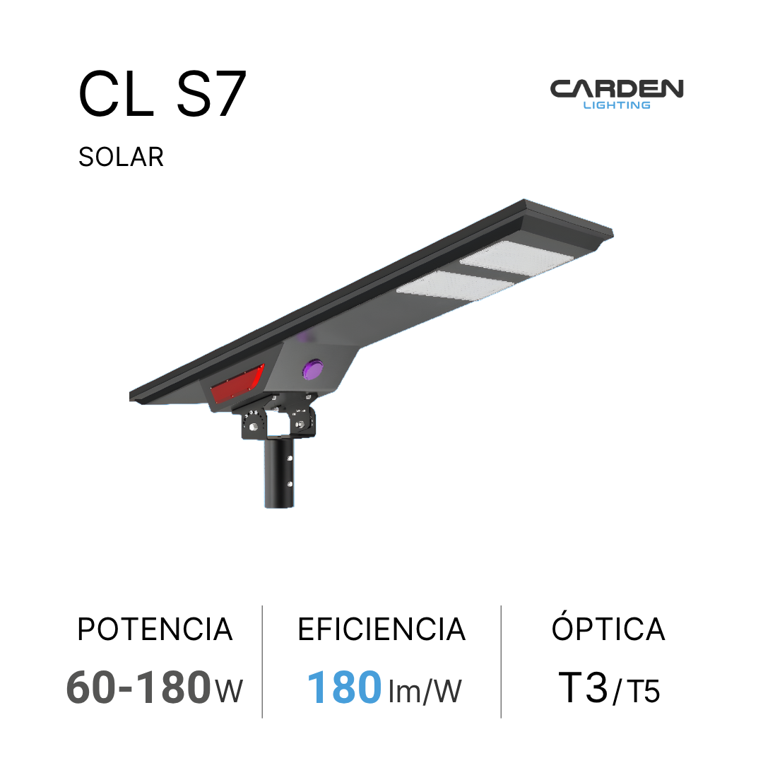 Luminaria solar LED Carden CL S todo en uno (all-in-one) para alumbrado público y vialidades, autónomo con panel monocristalino y batería LiFePO4 (de litio) con duración garantizada toda la noche. Sin canalización, cableado ni electricidad.