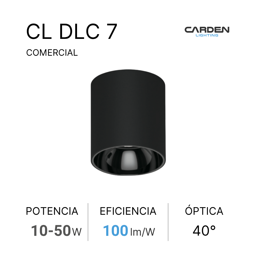 Descripción de una caja de luces LED de la marca Carden Lighting, modelo CL DLC 7, de color negro y forma cilíndrica. Características: potencia de 10-50W, eficiencia de 100 lúmenes por watt, óptica de 40 grados, uso comercial.
