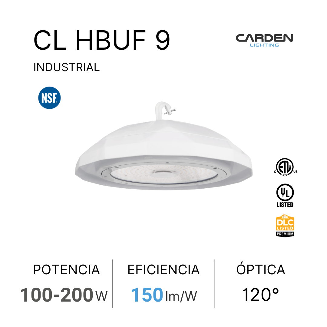 Folleto o etiqueta de lámpara industrial LED, modelo CL HBUF 9, de la marca Carden Lighting, con certificaciones NSF, ETL, UL y DLC, especificaciones de potencia entre 100 y 200 vatios, eficiencia de 150 lúmenes por vatio, y óptica de 120 grados.