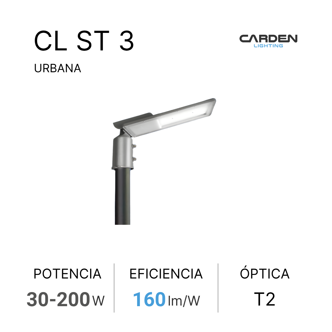Luminaria urbana LED Carden CL ST con óptica vial y compatibilidad de fotoceldas alumbrado público de avenidas y carreteras, alta eificiencia lm/W, menor consumo de energía,