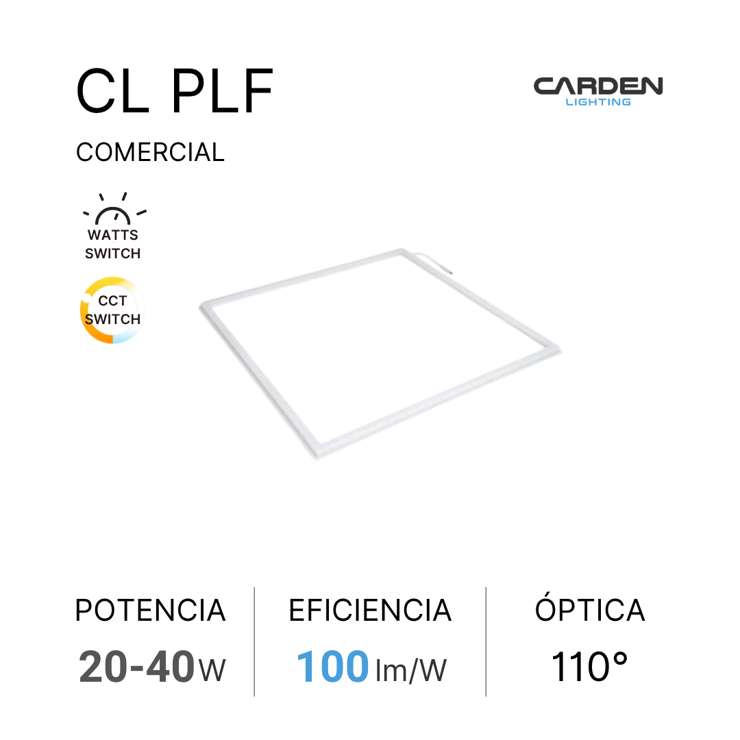 Cuadro de iluminación LED rectangular con especificaciones de potencia, eficiencia y óptica, en color blanco con texto en español y logotipo de la marca Carden Lighting.