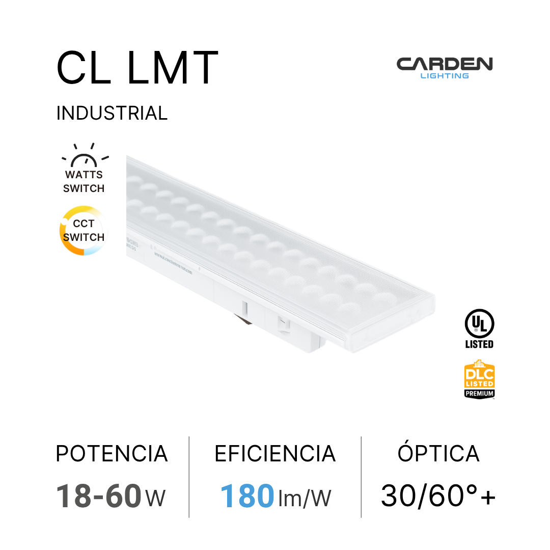 Detalle de un panel de iluminación industrial Carden Lighting, modelo CL LMT, con especificaciones de potencia, eficiencia y óptica, incluyendo logotipos de certificación UL y DLC.