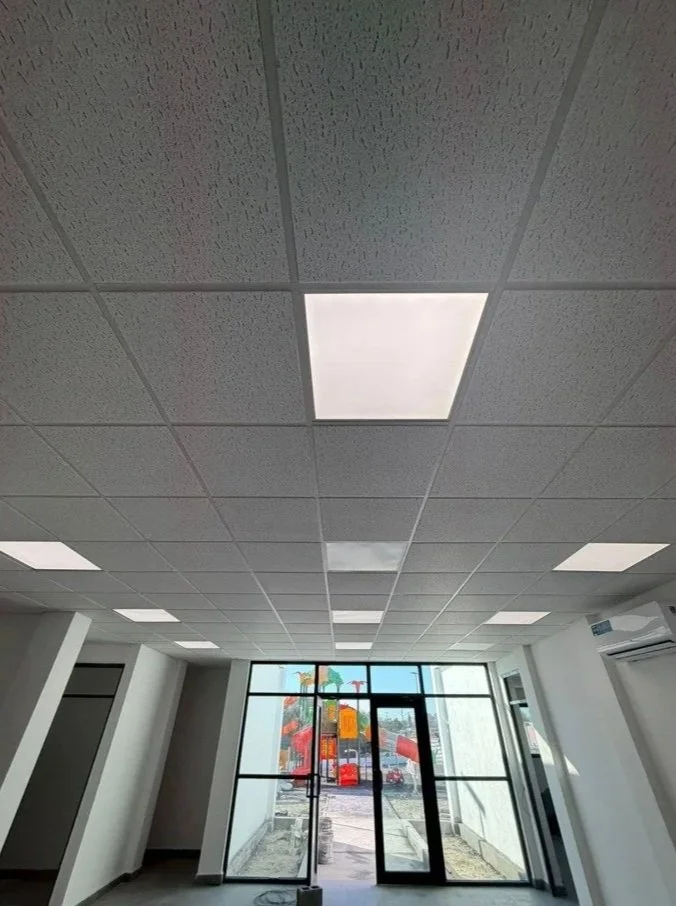 Interior de una oficina con plafón de aluminio y ventanas grandes que dejan ver un área de juegos infantil con resbaladillas coloridas afuera.