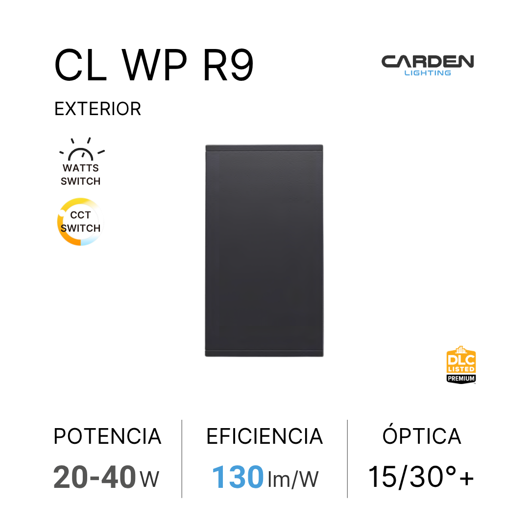 Imagen de una caja de luz exterior de la marca Carden Lighting, modelo CL WP R9, con iconos de control de potencia y temperatura de color, y especificaciones técnicas incluyendo potencia, eficiencia y apertura óptica.