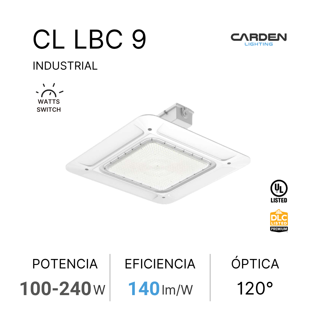 Información sobre una luminaria industrial de la marca Carden Lighting, modelo CL LBC 9, que indica potencia de 100 a 240 vatios, eficiencia de 140 lúmenes por vatio, óptica de 120 grados, y cuenta con certificaciones UL y DLC.