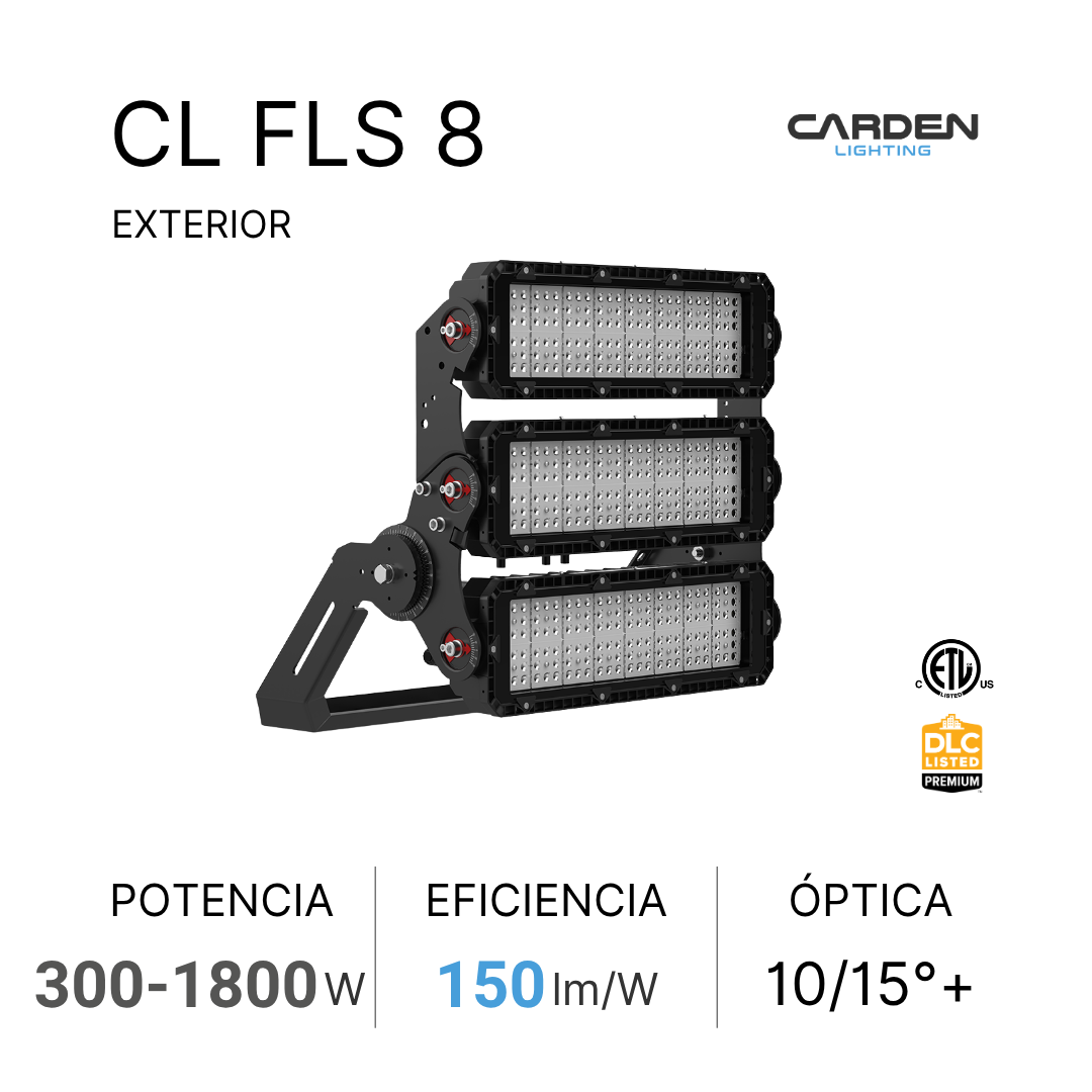 Farola LED de exterior modelo CL FLS 8 de la marca Carden Lighting, con especificaciones de potencia, eficiencia y óptica.