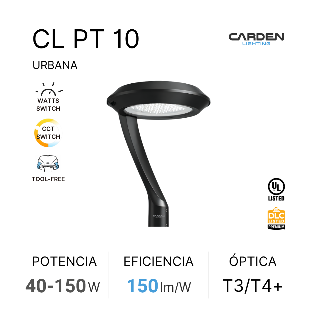 Lámpara de luz LED tipo urbano de color negro, con soporte curvado, marca Carden Lighting, con especificaciones de potencia entre 40 y 150 vatios, eficiencia de 150 lúmenes por vatio, y óptica T3/T4+. Incluye íconos de interruptor de potencia, interruptor de CCT, y advertencias de compatibilidad, además de certificaciones UL y DLC.