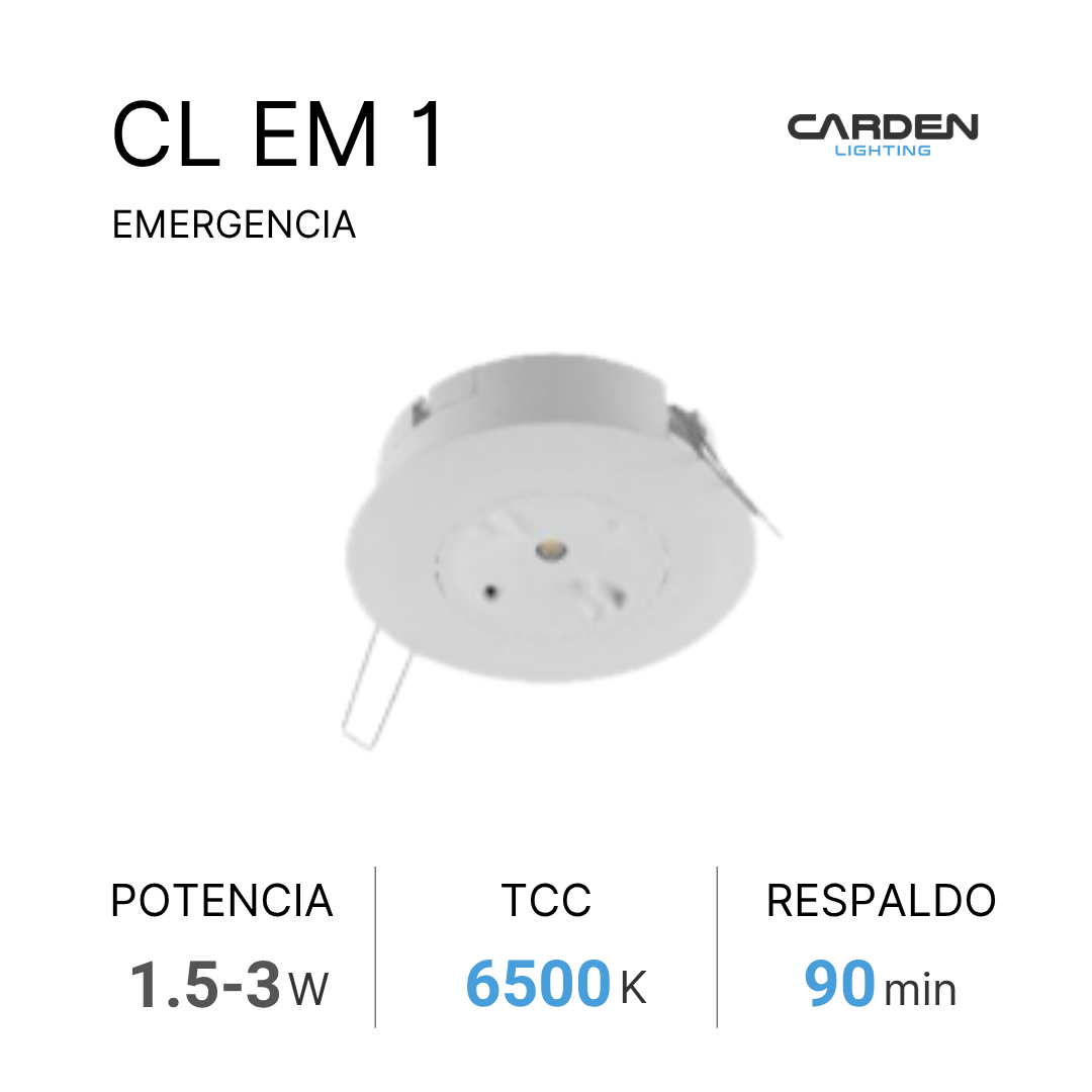 Lámpara de emergencia blanca con instrucciones y especificaciones técnicas, con logo de Carden Lighting en la esquina superior derecha.