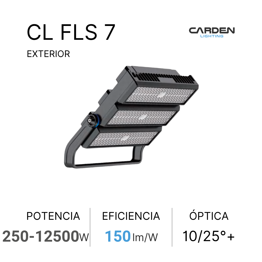 Foco industrial modelo CL FLS 7 de la marca Carden Lighting, diseñado para exteriores, con potencia de 250 a 1250 vatios, eficiencia de 150 lúmenes por vatio, y óptica de 10 a 25 grados o más.