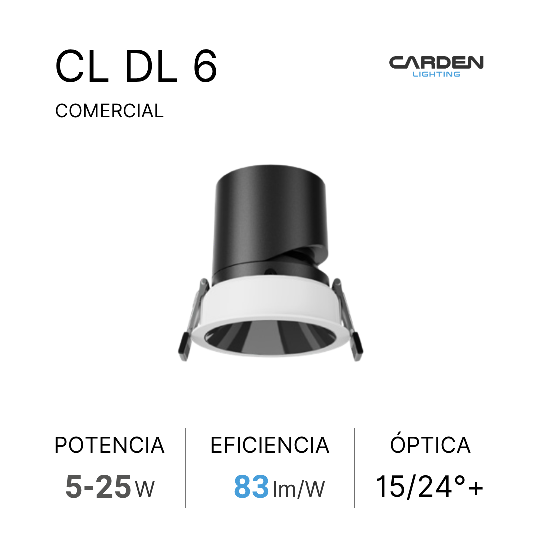 Información del producto luz led Carden Lighting modelo CL DL 6, comercial, potencia 5-25W, eficiencia 83 lúmenes por vatio, óptica 15/24 grados.