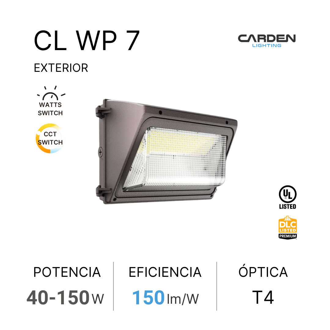 Luz exterior LED marca Carden Lighting modelo CL WP 7, con potencia de 40 a 150 vatios, eficiencia de 150 lúmenes por vatio, lente T4, y que cuenta con interruptor de vatios y de control de color. Incluye logotipos UL y DLC de certificación.