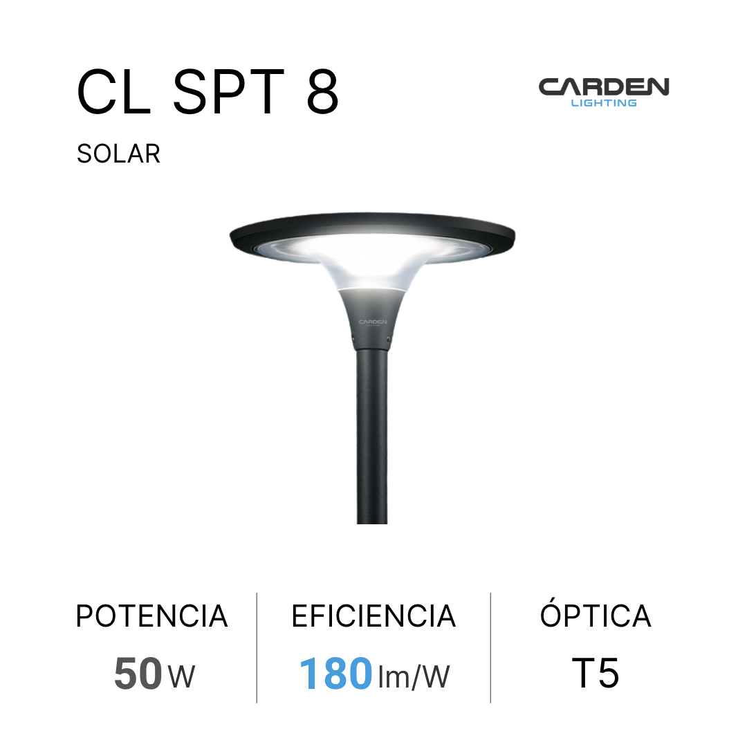 Luminaria solar punta poste LED Carden CL SPT con panel solar integrado para parques, plazas y áreas peatonales. Duración garantizada toda la noche. Sin canalización, cableado ni electricidad.