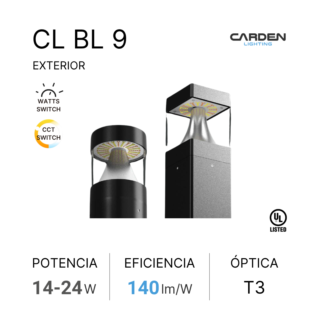Descripción de luminarias exteriores de la marca Carden Lighting, modelo CL BL 9, con botón de encendido y control CCT, con información de potencia de 14 a 24 W, eficiencia de 140 lúmenes por vatio, y lente óptica T3.