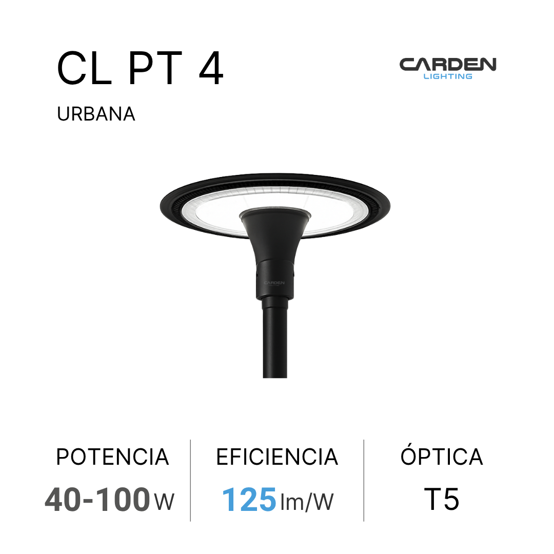 Lámpara de calle moderna con diseño urbano, marca Carden Lighting, especificaciones de potencia de 40 a 100 vatios, eficiencia de 125 lúmenes por vatio y lente óptica T5.