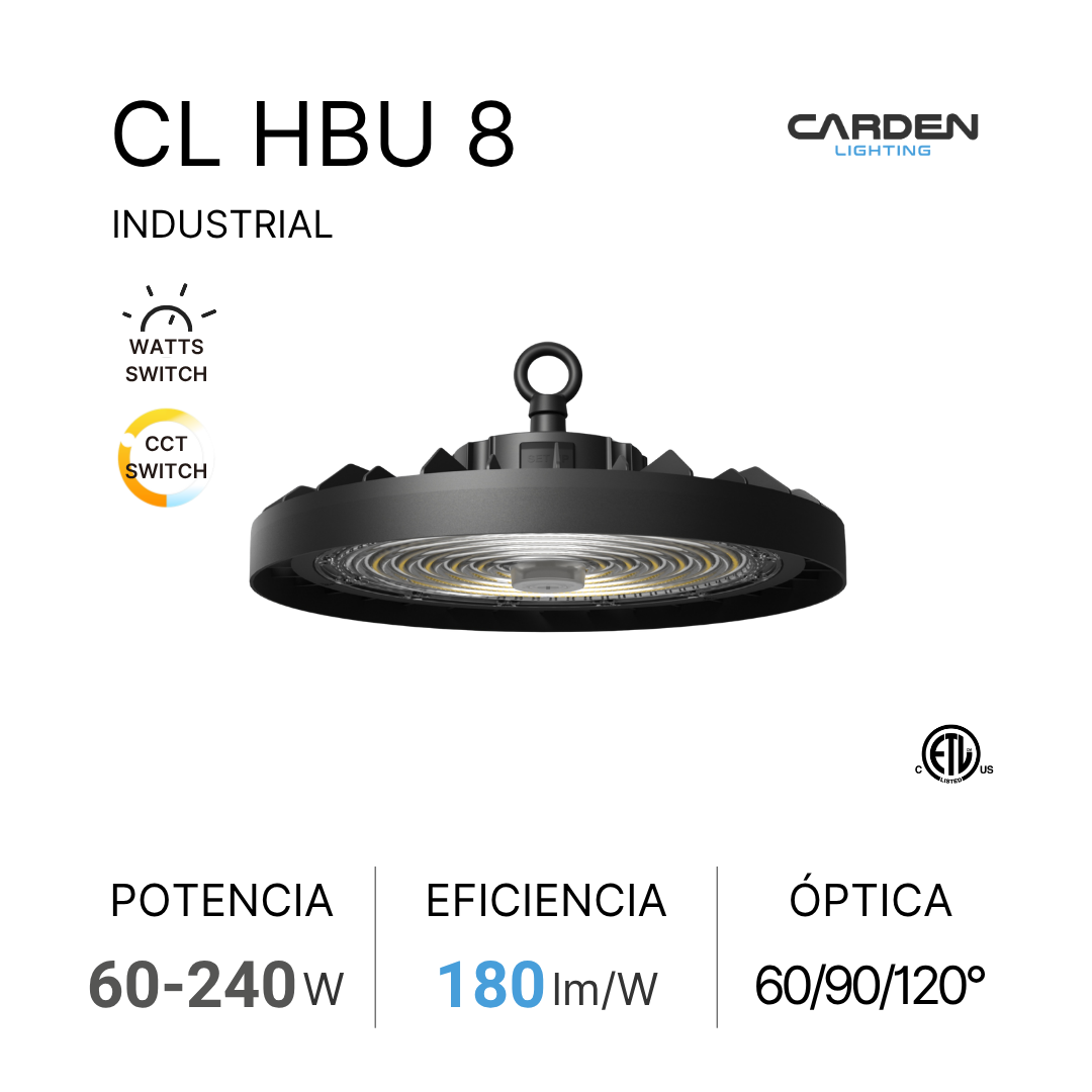 Lámpara industrial LED modelo CL HBU 8 de la marca Carden Lighting, con potencia de 60 a 240 watts, eficiencia de 180 lúmenes por vatio, y opciones de óptica de 60, 90 y 120 grados.