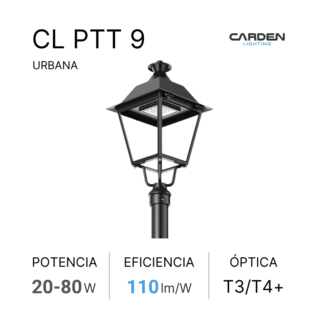 Farola de estilo urbano de color negro, diseñada para iluminación exterior en áreas urbanas.