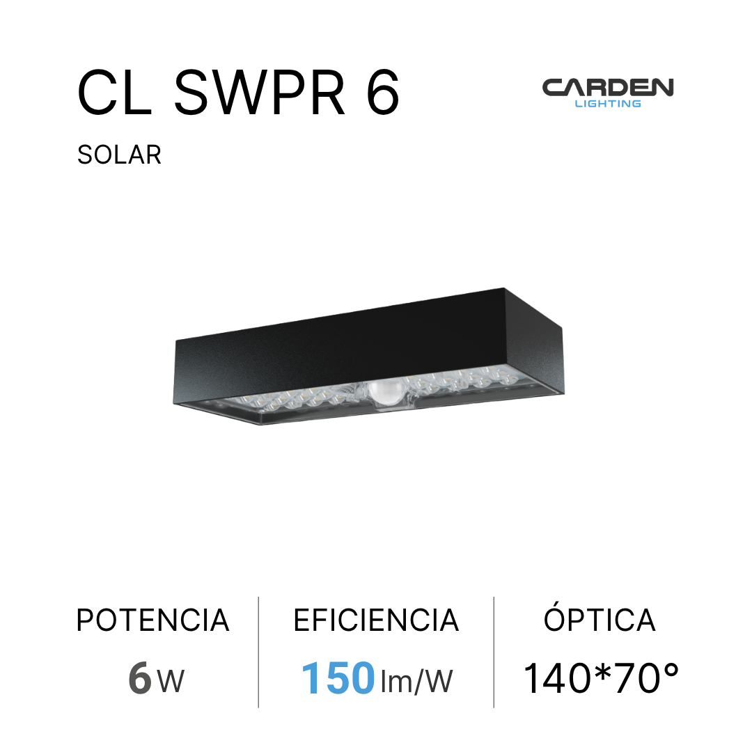 Wall pack solar LED integrado Carden CL SWP all-in-one con panel solar y sensor de movimiento en una sola pieza