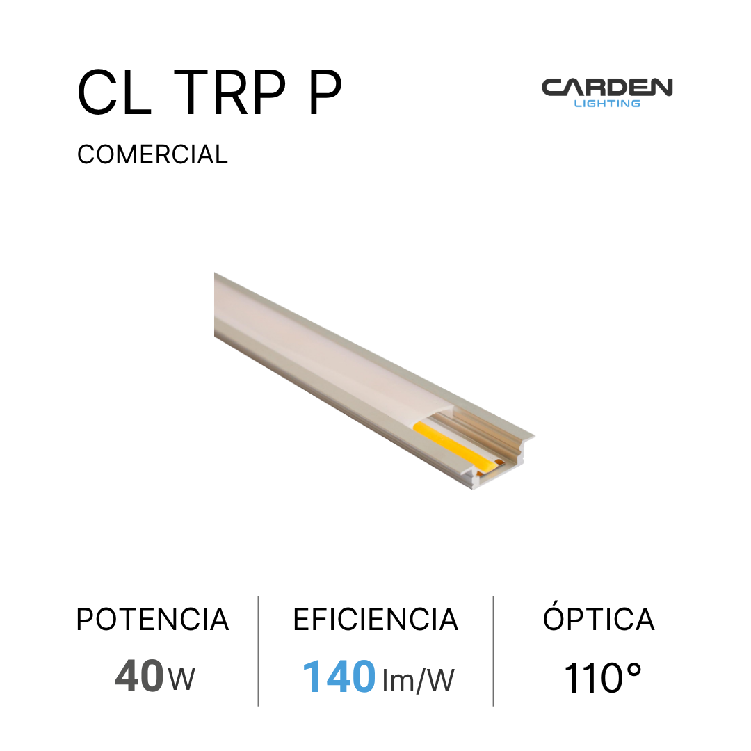 Lámpara de iluminación comercial de color blanco, con especificaciones de potencia, eficiencia luminosa y apertura óptica, marca Carden Lighting.