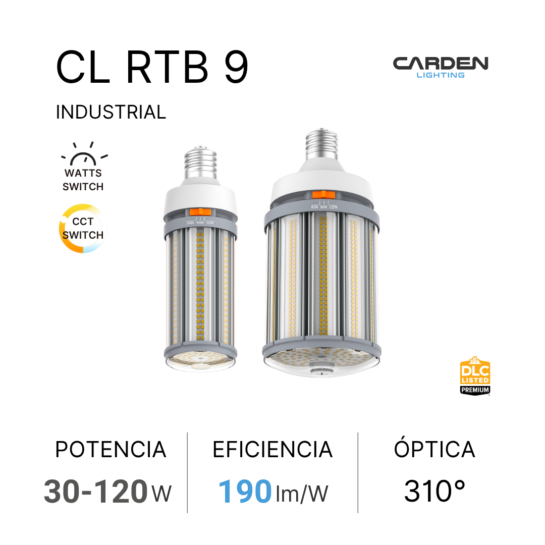 Dos bombillas LED industriales con base de rosca, especificaciones de potencia de 30 a 120 vatios, eficiencia lumínica de 190 lumen por vatio, óptica de 310 grados, y características de control de intensidad y color de luz, marca Carden Lighting.