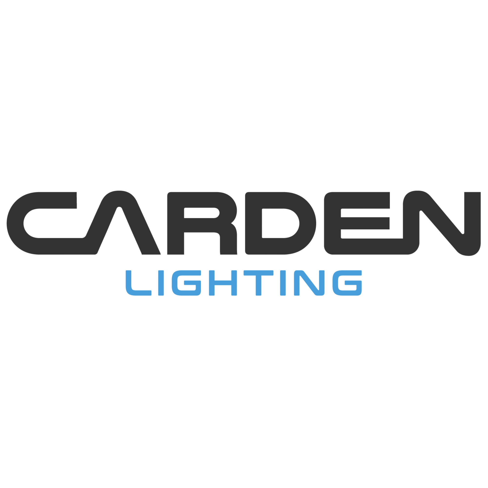 Logo de Carden Lighting con letras en negro y azul sobre fondo negro.