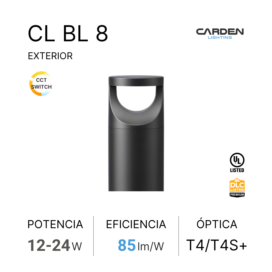 Imagen de una ficha técnica de un producto, probablemente un ventilador de exterior, con detalles técnicos y logotipos de certificación y certificaciones de la marca Carden Lighting.