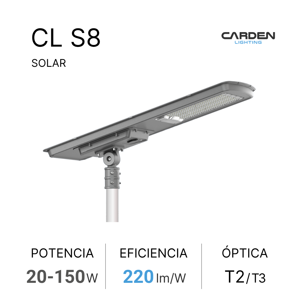 Luminaria solar LED Carden CL S todo en uno (all-in-one) para alumbrado público y vialidades, autónomo con panel monocristalino y batería LiFePO4 (de litio) con duración garantizada toda la noche. Sin canalización, cableado ni electricidad.