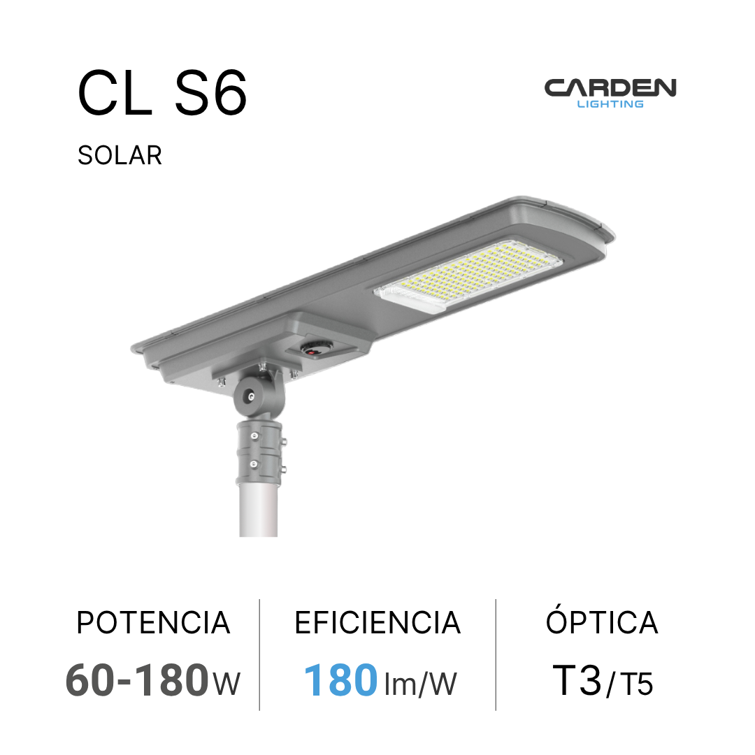 Luminaria solar LED Carden CL S todo en uno (all-in-one) para alumbrado público y vialidades, autónomo con panel monocristalino y batería LiFePO4 (de litio) con duración garantizada toda la noche. Sin canalización, cableado ni electricidad.