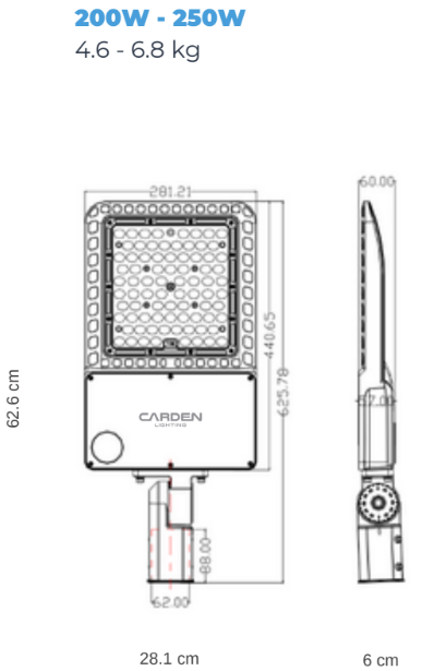 Diagrama técnico de una lámpara LED de tipo Carden Lighting, con especificaciones de potencia entre 200W y 250W. Las dimensiones son 62.6 cm de alto, 28.1 cm de ancho y 6 cm de profundidad. Incluye detalles de montaje y peso entre 4.6 y 6.8 kg.